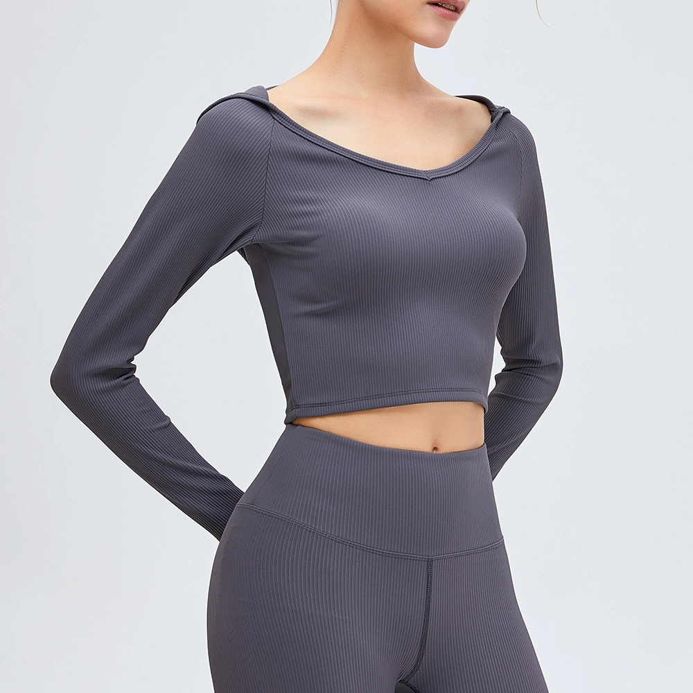 Women′ S Stretch Cutout Yoga Sports Tee Long Sleeve Crop Top T Shirts Hooded Thumb Holes